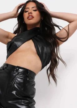 Aaliyah Black Leather Look Wrap Around Top^Missy Empire Clearance