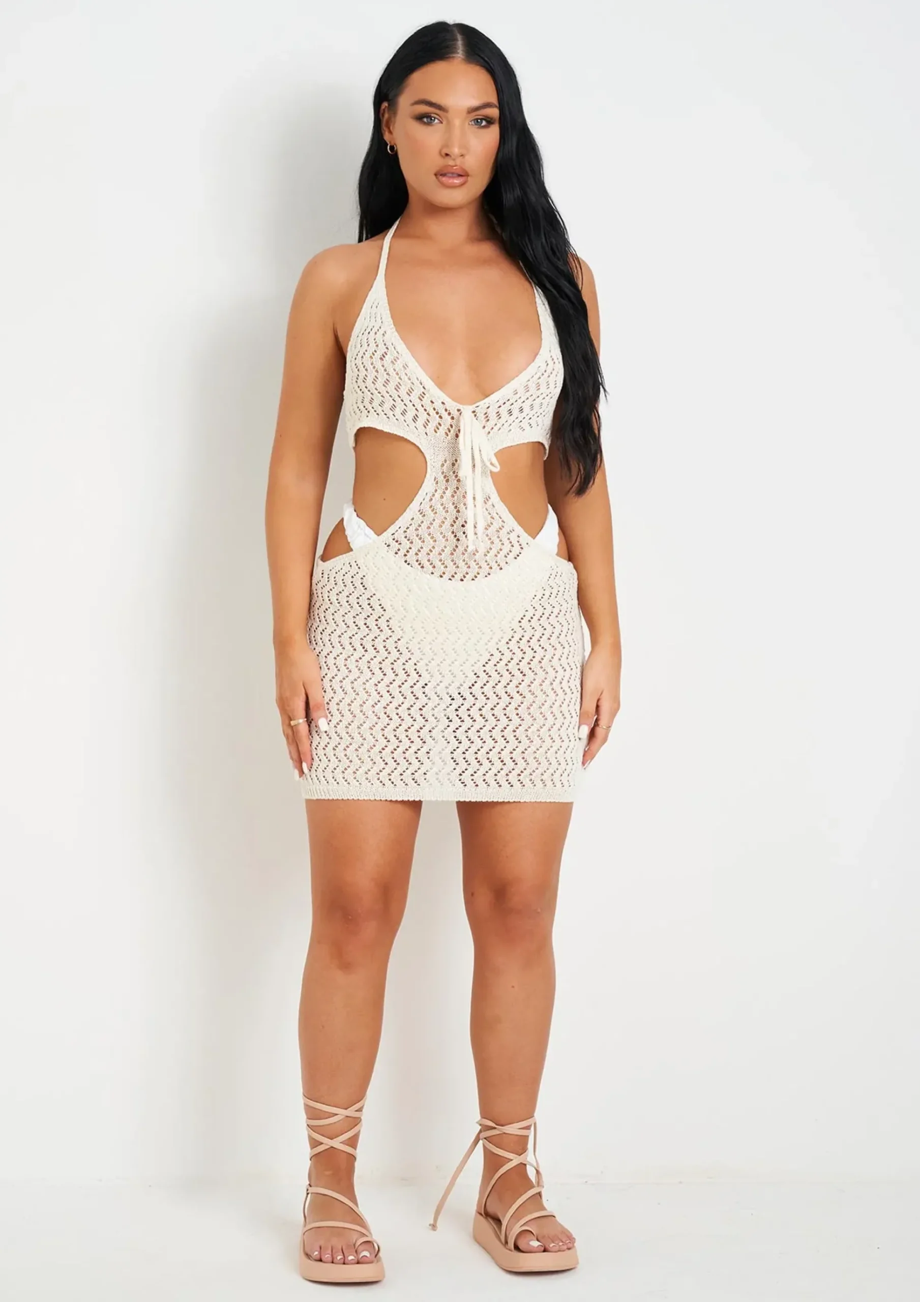 Shop Aarya Cream Knit Cut Out Mini Dress Women Dresses