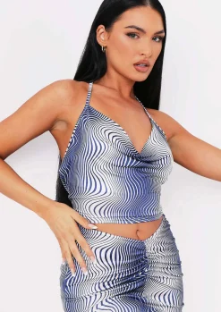 Abbie Blue Printed Cowl Neck Crop Top^Missy Empire Shop