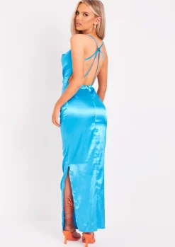 Clearance Adeline Blue Satin Cross Back Maxi Dress Women Dresses