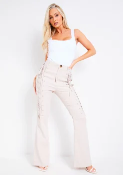 Store Affiyah Beige Cut Out Lace Up Flared Trouser Women Trousers