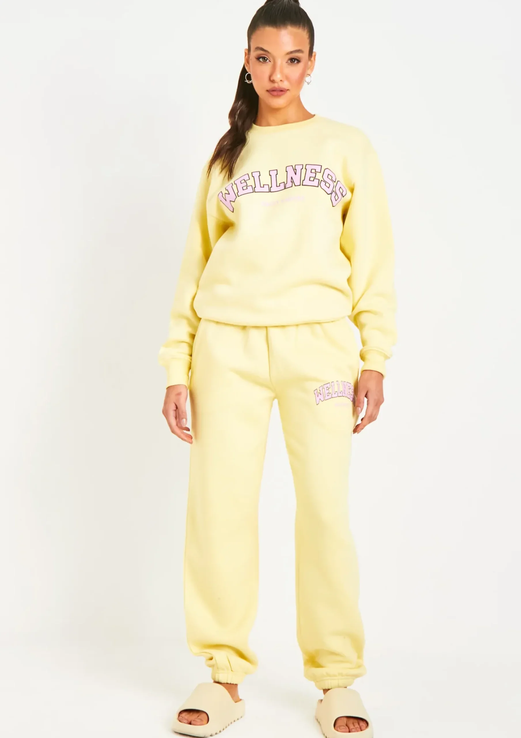 New Agne Lemon Yellow Wellness Slogan Sweatshirt Co-Ord Women Tracksuits