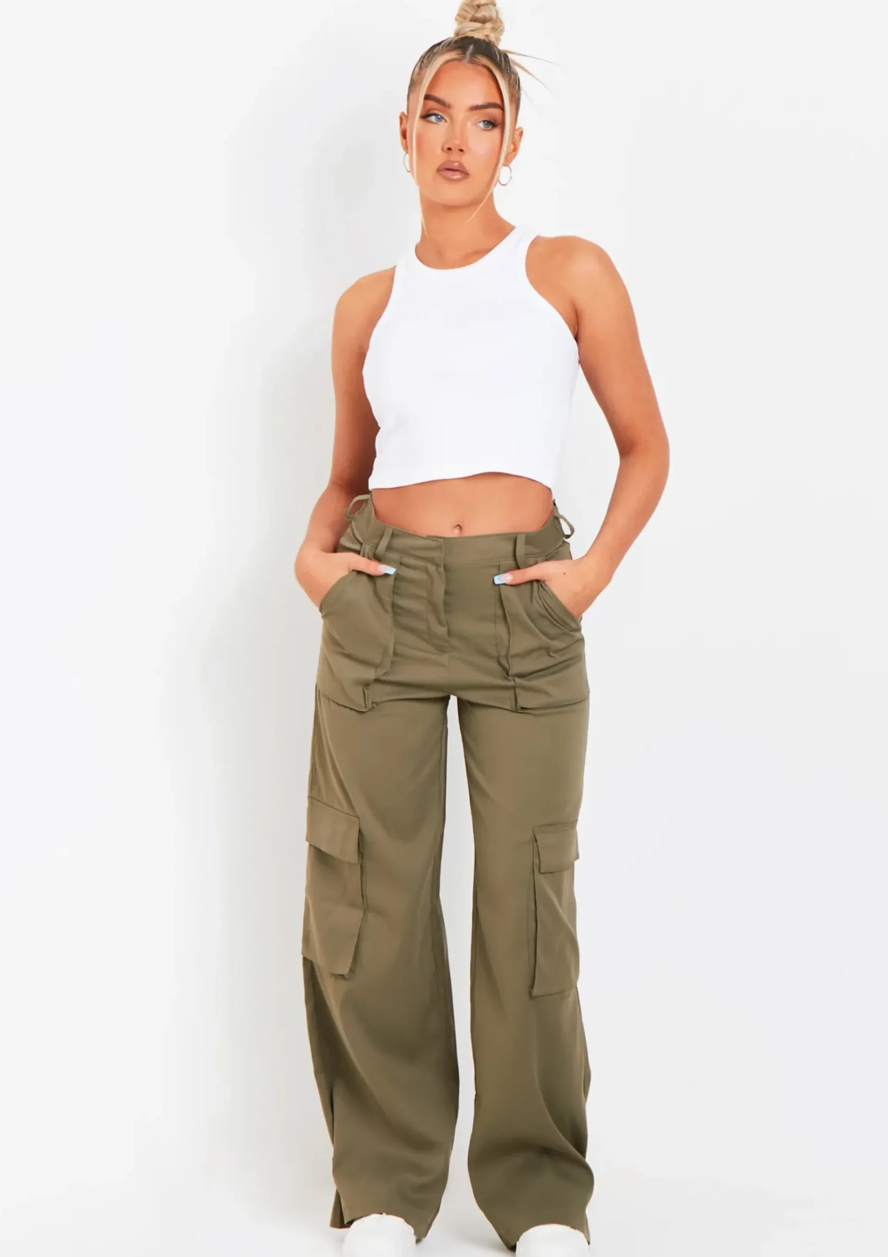 New Ainsley Khaki Pocket Detail Mid Rise Cargo Pants Women Trousers