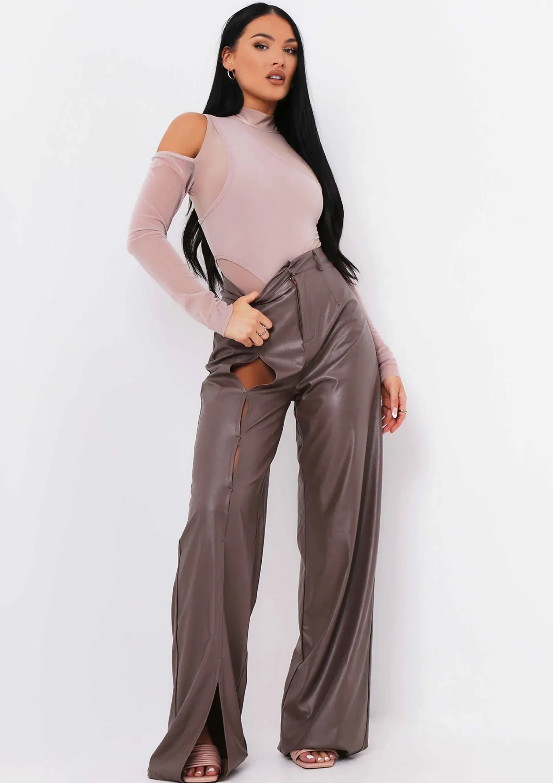 Alaia Sand Mesh Overlay Cut Out Bodysuit^Missy Empire Online