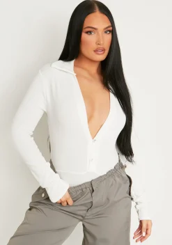 Alaina Cream Knitted Plunge Button Detail Bodysuit^Missy Empire Best
