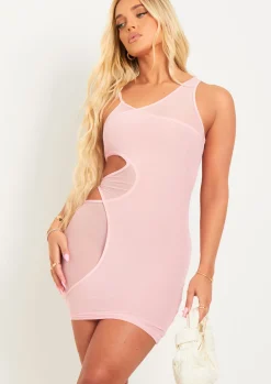 Fashion Alana Pink Mesh Overlay Mini Dress Women Dresses