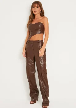 Shop Alessia Brown Faux Leather Seam Detail Straight Leg Trousers Women Trousers