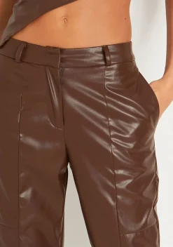 Shop Alessia Brown Faux Leather Seam Detail Straight Leg Trousers Women Trousers
