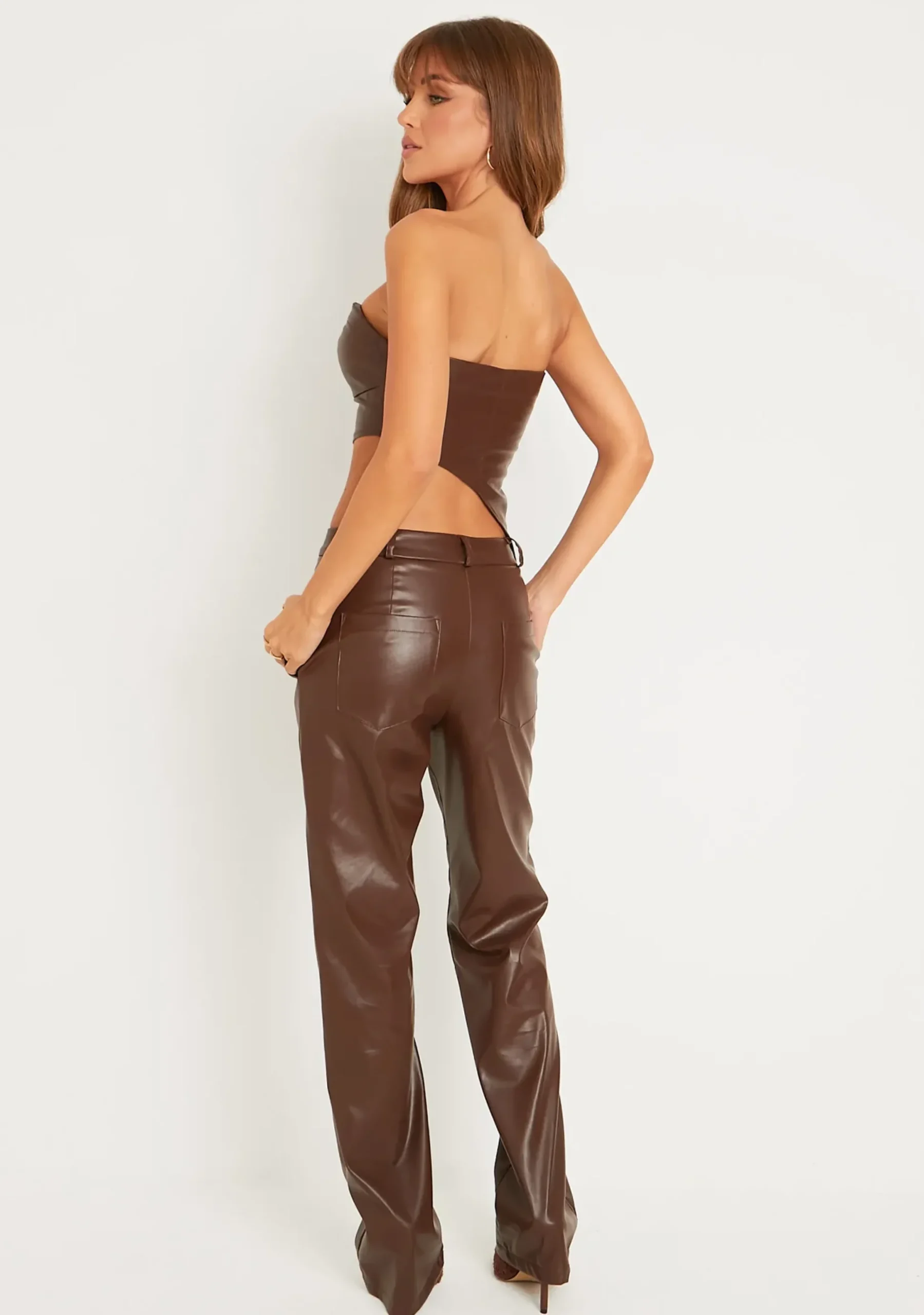 Shop Alessia Brown Faux Leather Seam Detail Straight Leg Trousers Women Trousers