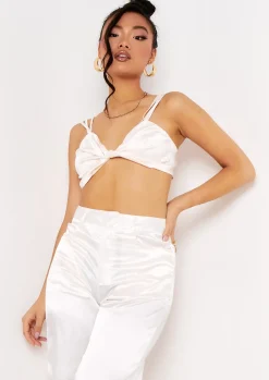 Alessia Ivory Strap Detail Twist Front Satin Bralet Crop Top^Missy Empire Store