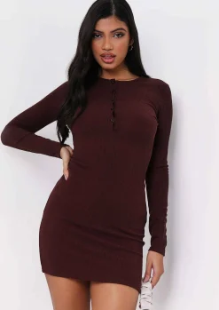 Fashion Alia Chocolate Button Up Ribbed Mini Dress Women Dresses