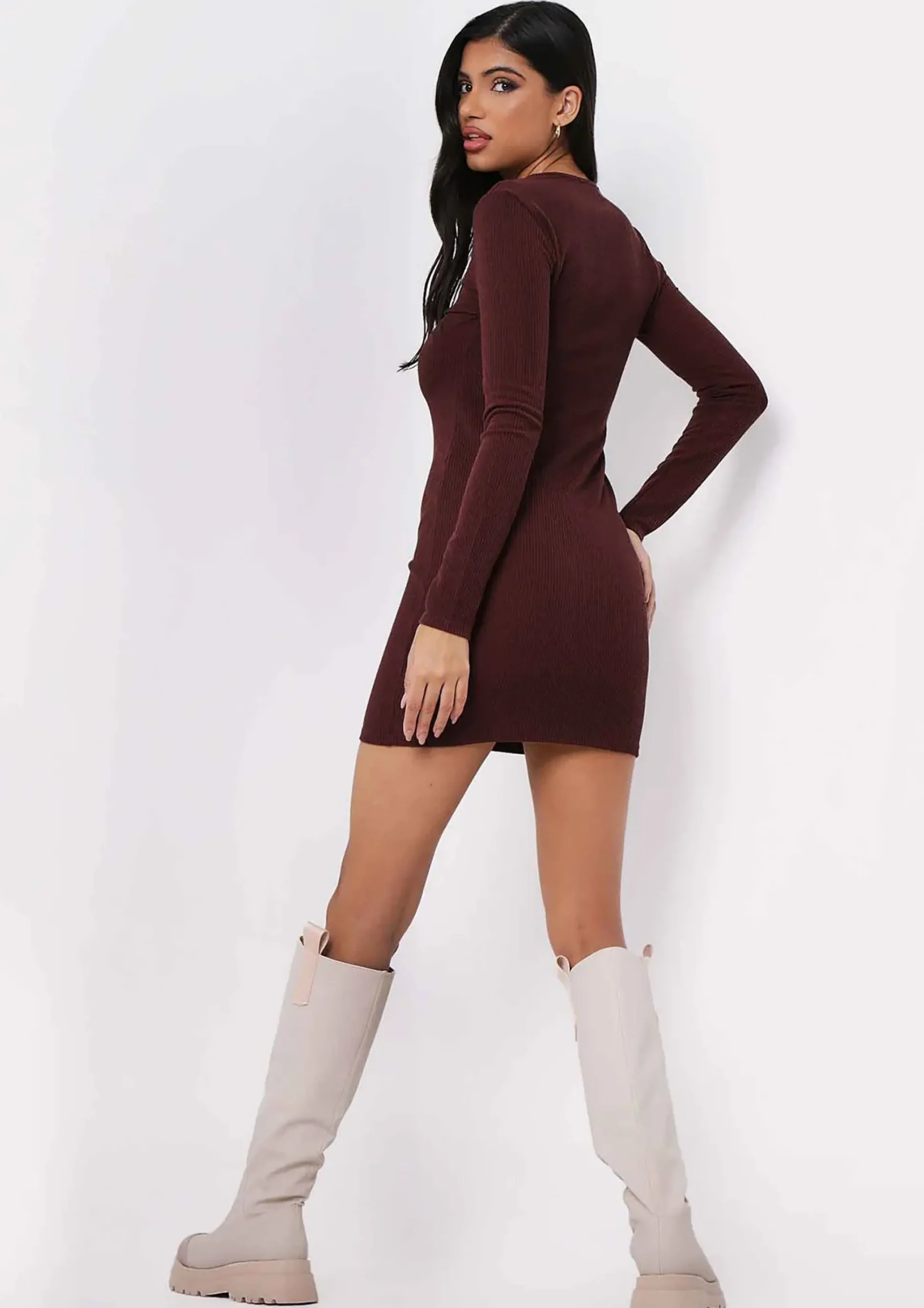 Fashion Alia Chocolate Button Up Ribbed Mini Dress Women Dresses