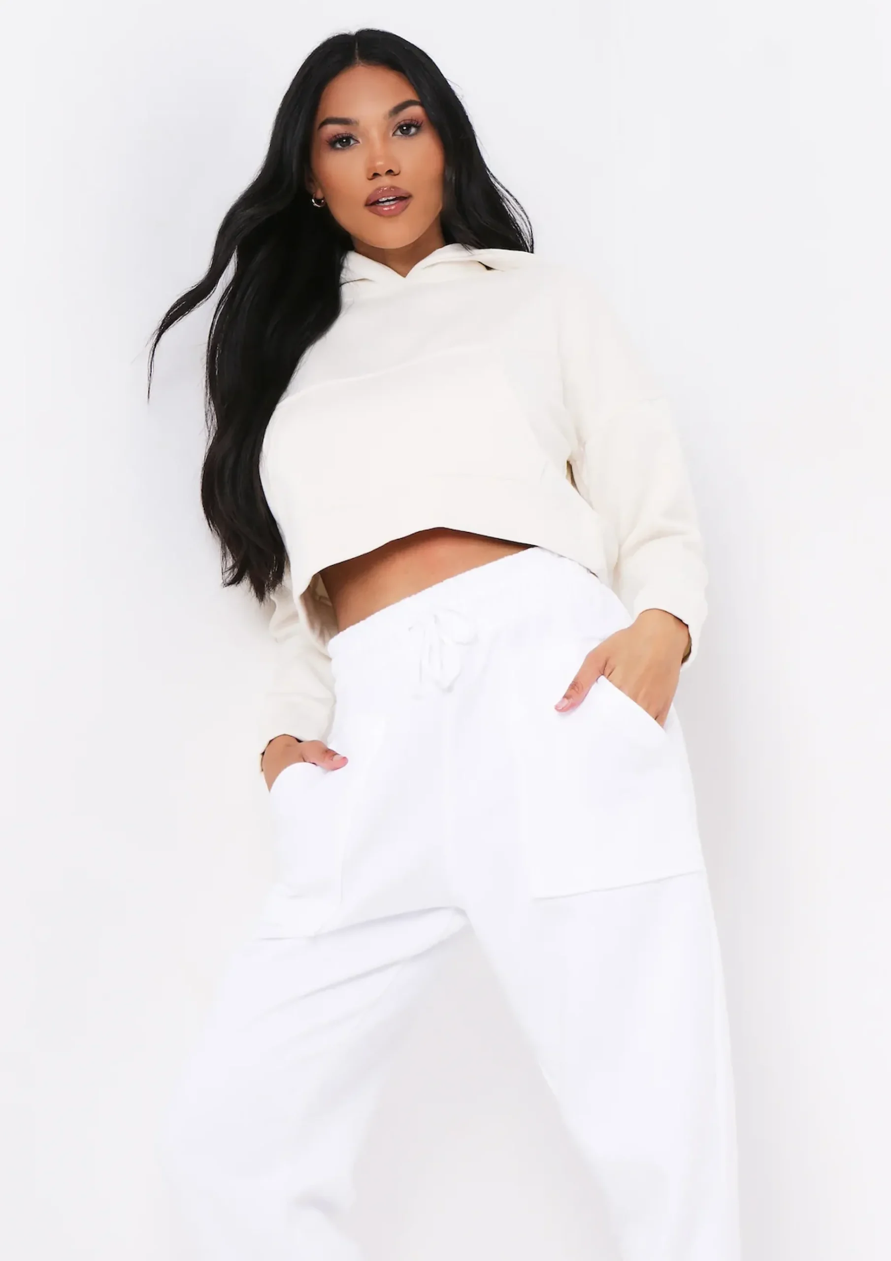 Store Alina Cream Pocket Front Cropped Hoodie Women Loungewear