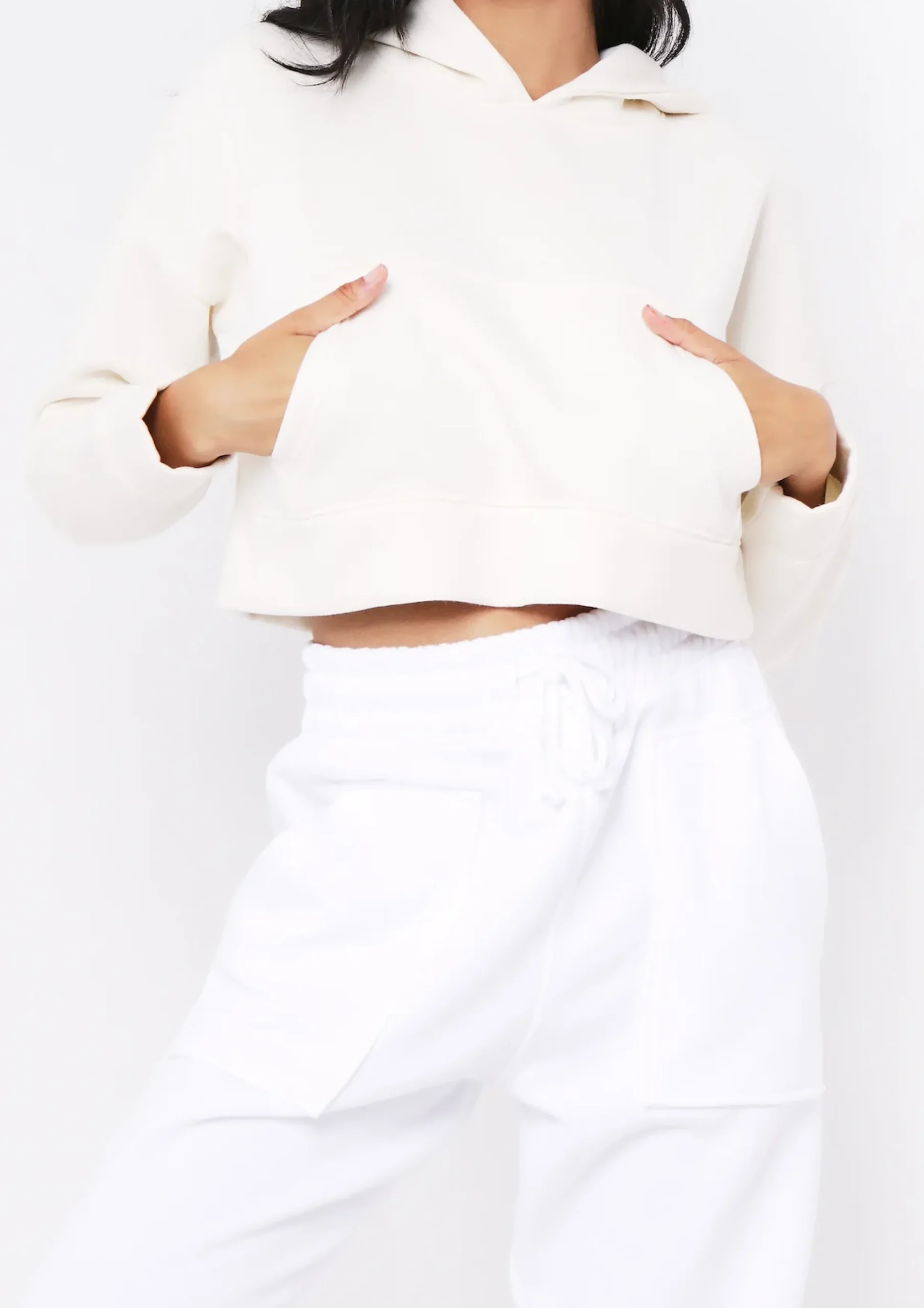 Store Alina Cream Pocket Front Cropped Hoodie Women Loungewear