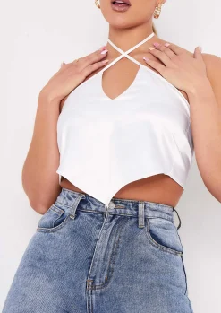 Aliyah Ivory Cross Strap Satin Tie Pointed Hem Top^Missy Empire Discount