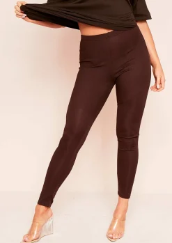 Fashion Alma Brown Stitch Detail Ribbed Leggings Women Loungewear