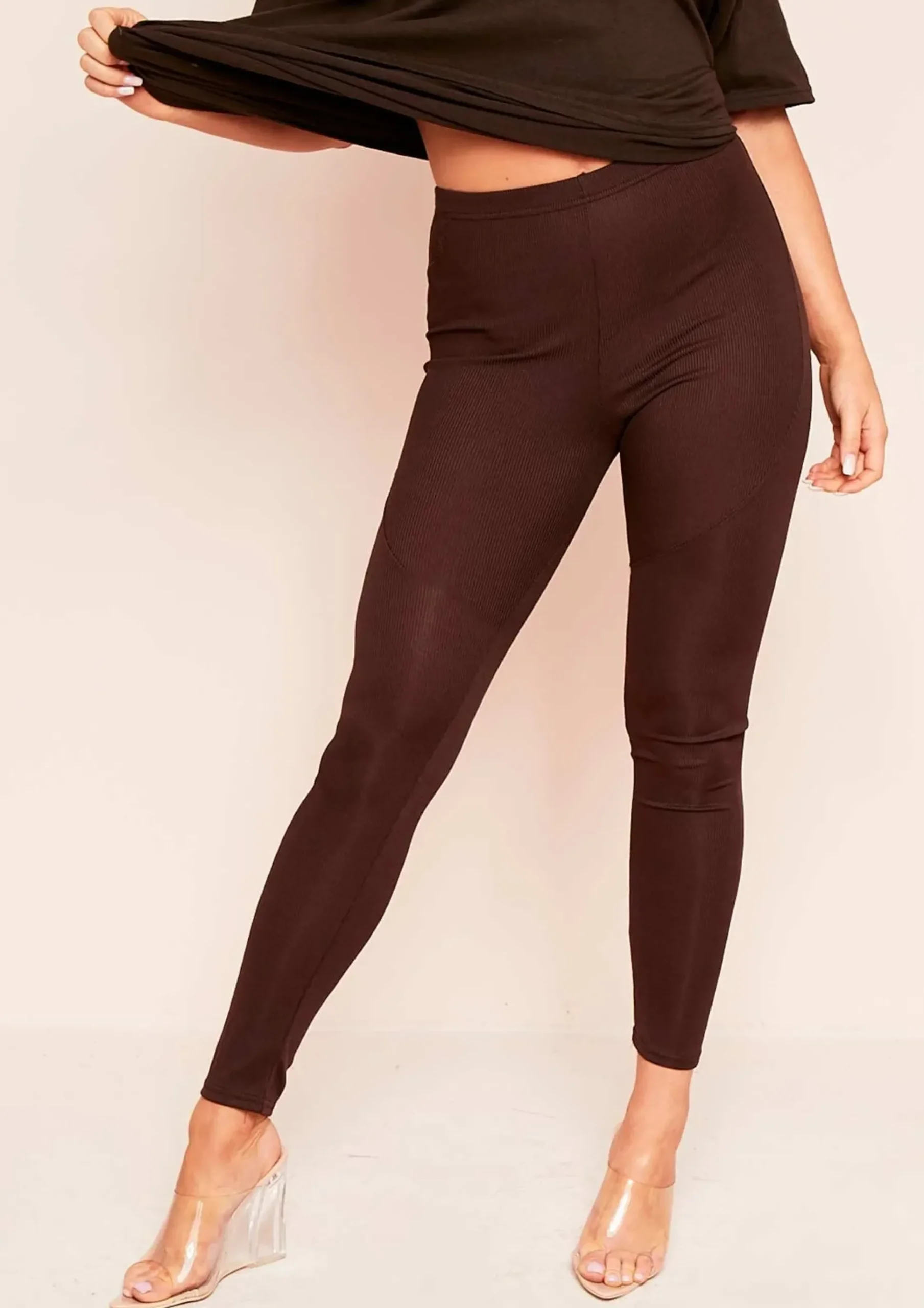 Fashion Alma Brown Stitch Detail Ribbed Leggings Women Loungewear