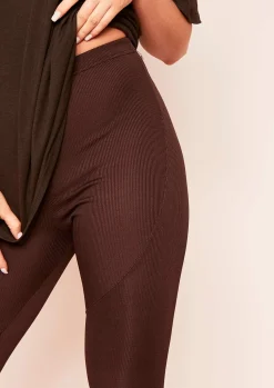 Fashion Alma Brown Stitch Detail Ribbed Leggings Women Loungewear