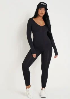 Best Sale Amelia Black Seamless Long Sleeve Plunge Jumpsuit Women Seamless & Shapewear