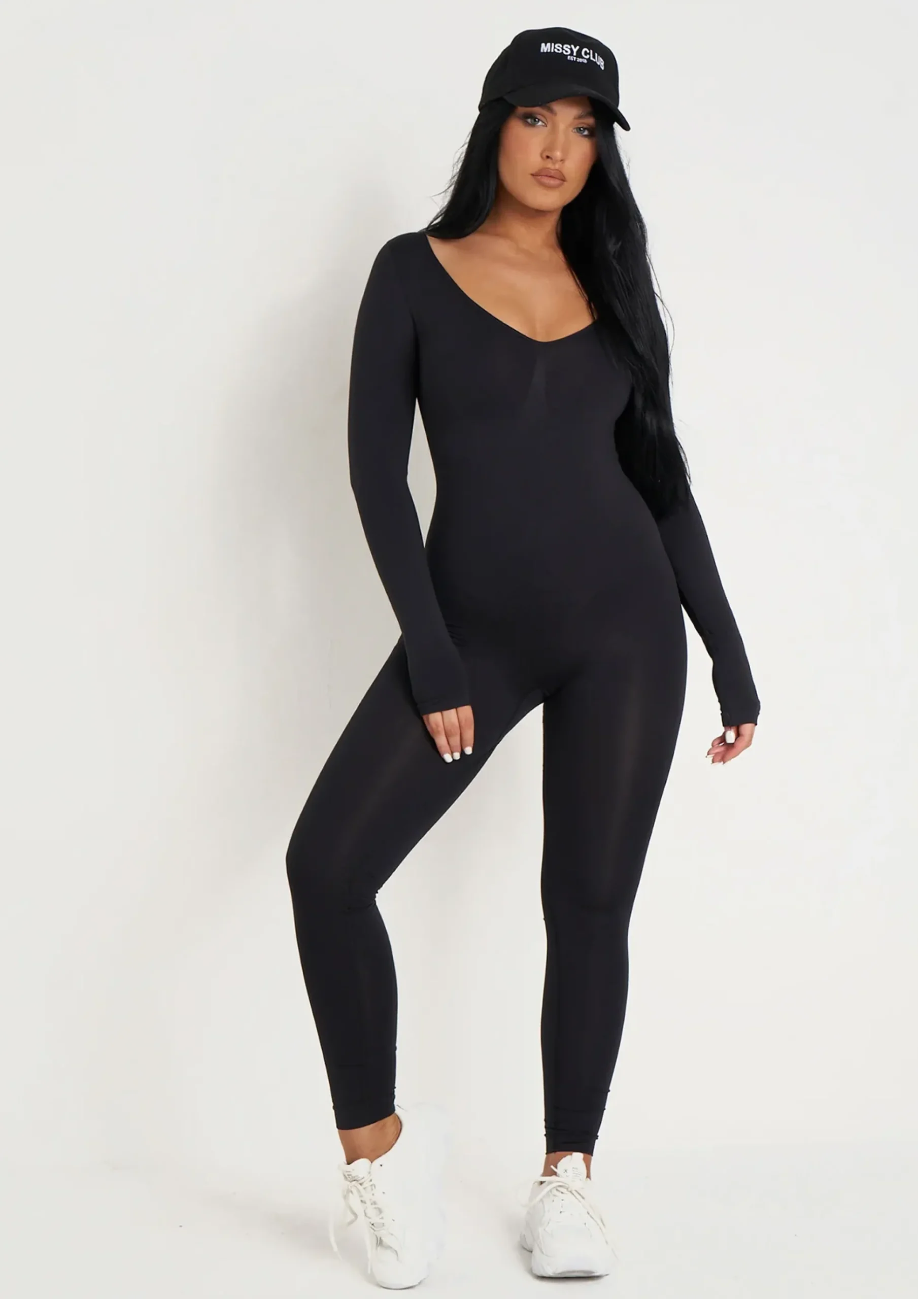 Best Sale Amelia Black Seamless Long Sleeve Plunge Jumpsuit Women Seamless & Shapewear