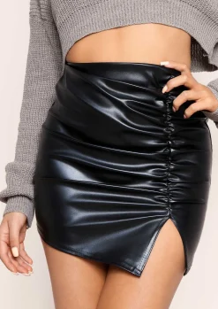 Amelie Black Ruched Pu Split Front Mini Skirt^Missy Empire Hot