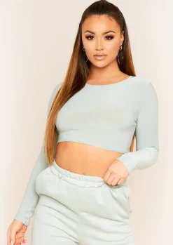 Amida Olive Long Sleeve Crew Neck Smooth Crop Top^Missy Empire Best Sale