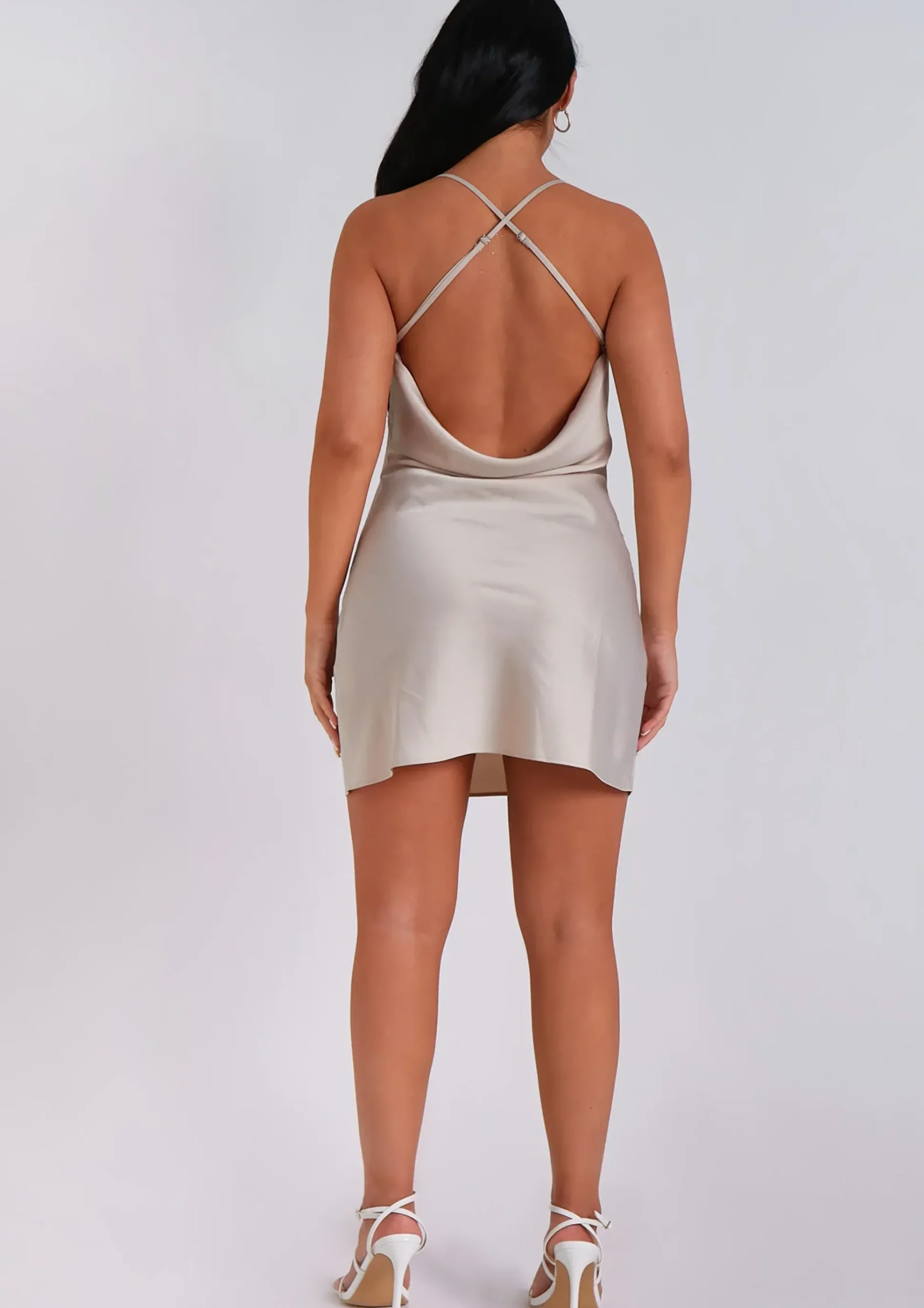 Hot Amira Champagne Cross Back Cowl Neck Mini Dress Women Dresses