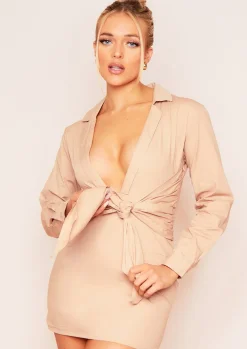 Outlet Amy Beige Tie Waist Plunge Mini Dress Women Dresses