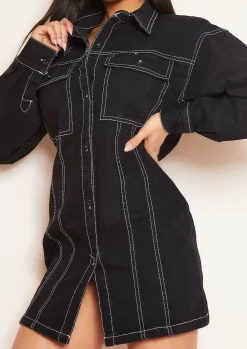 Best Sale Amy Black Denim Contrast Stitch Mini Dress Women Dresses