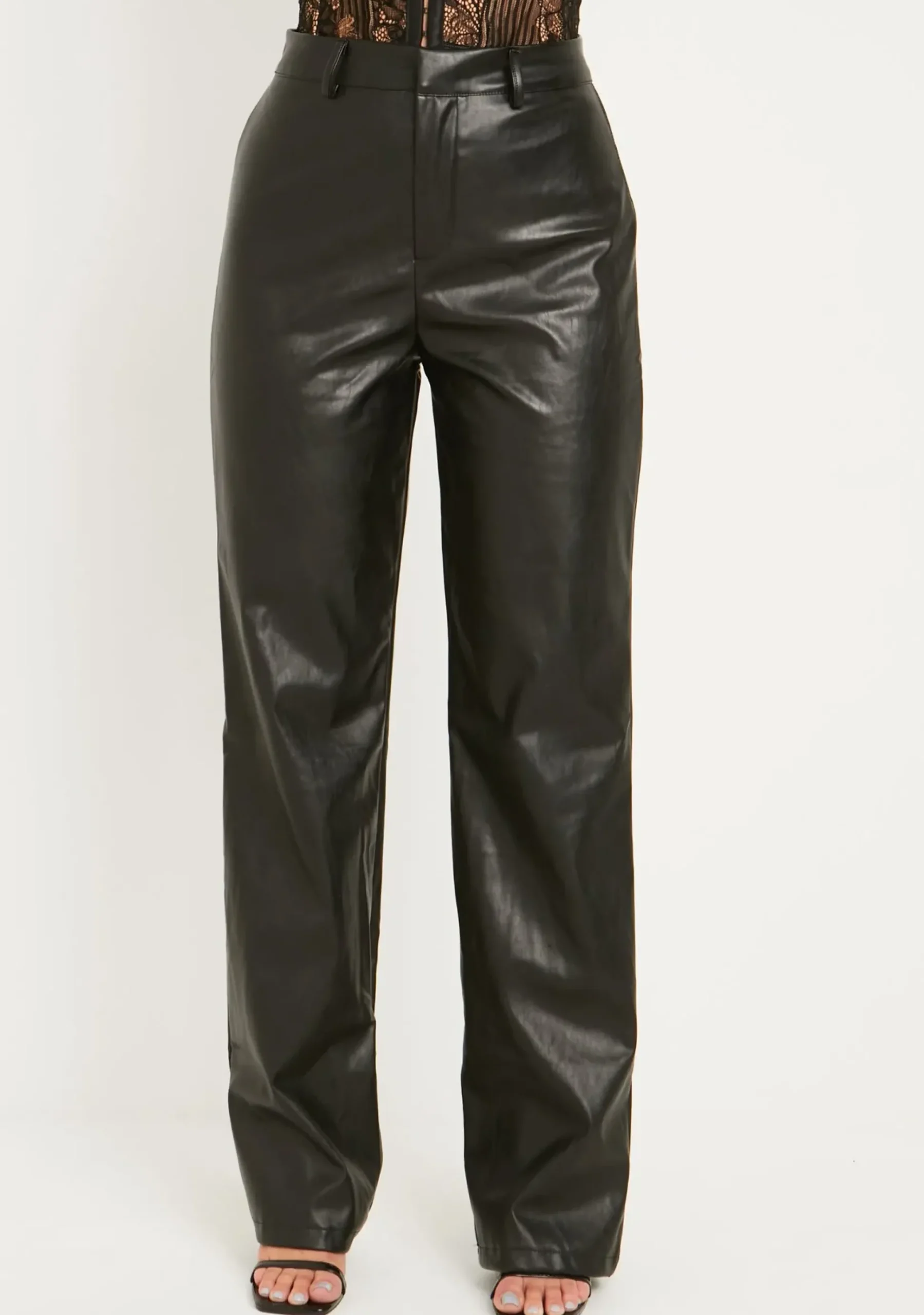 Cheap Aneeyah Black Pu Straight Leg Trousers Women Trousers