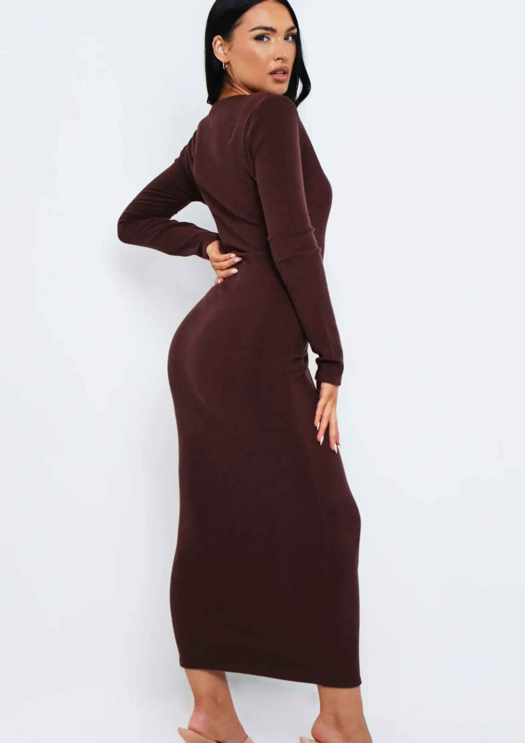 Hot Anfisa Chocolate Ribbed Plunge Midi Dress Women Dresses