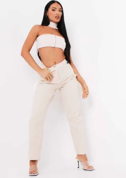 Anita Sand Ribbed Knit Zip Bandeau Crop Top^Missy Empire Cheap