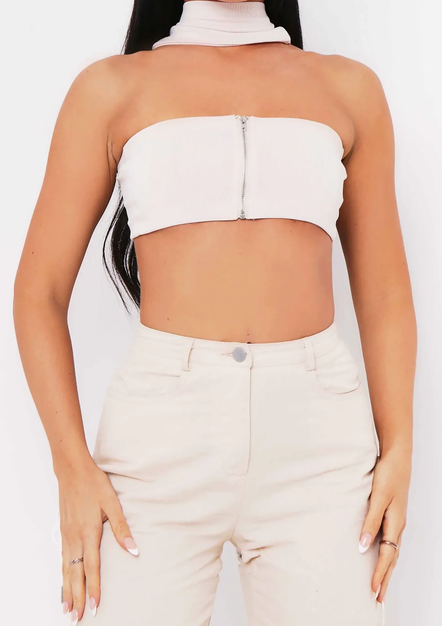 Anita Sand Ribbed Knit Zip Bandeau Crop Top^Missy Empire Cheap