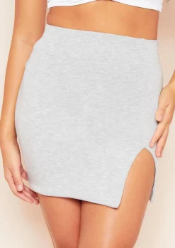 Aniyah Grey Marl Double Thickness Jersey Front Split Hem Mini Skirt^Missy Empire Sale