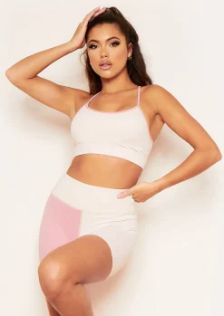 Clearance Annalise Pink Missy Sport Colour Block Cross Back Strappy Gym Top Women Activewear