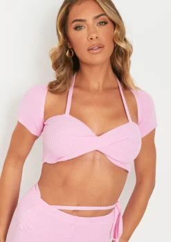 Anna Pink Twist Front Cap Sleeve Crop Top^Missy Empire Hot