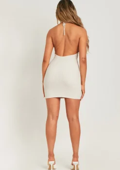 Cheap Anneka Beige Low Back Ribbed Halter Neck Dress Women Dresses