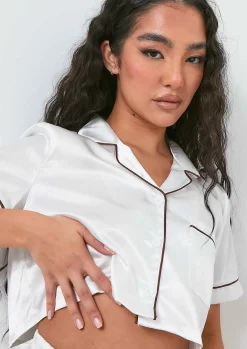 Cheap Anya Cream Satin Button Front Crop Top And Shorts Pyjama Set Women Nightwear