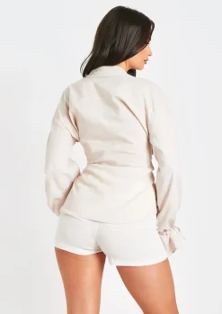 Aphrodite Beige Linen Tie Front Shirt^Missy Empire New