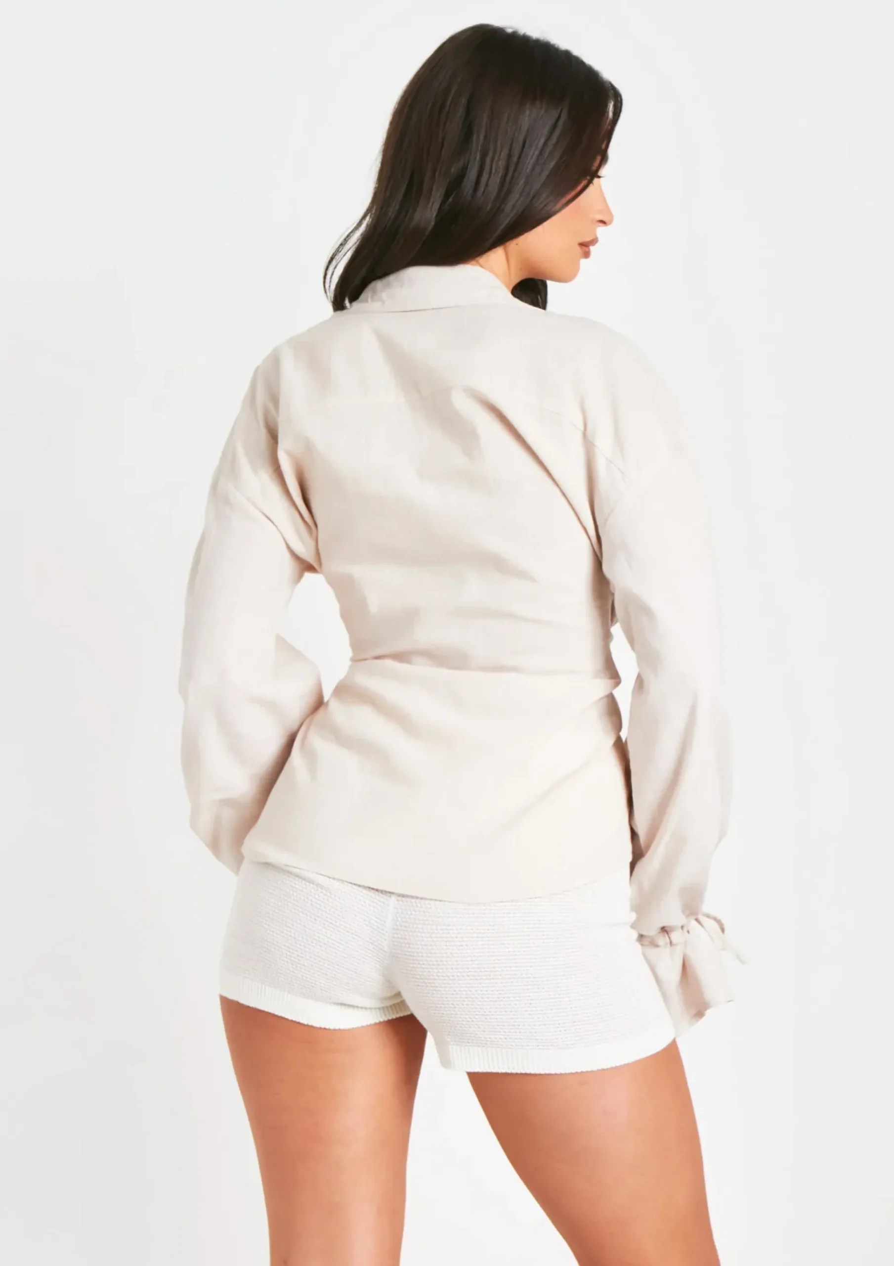 Aphrodite Beige Linen Tie Front Shirt^Missy Empire New