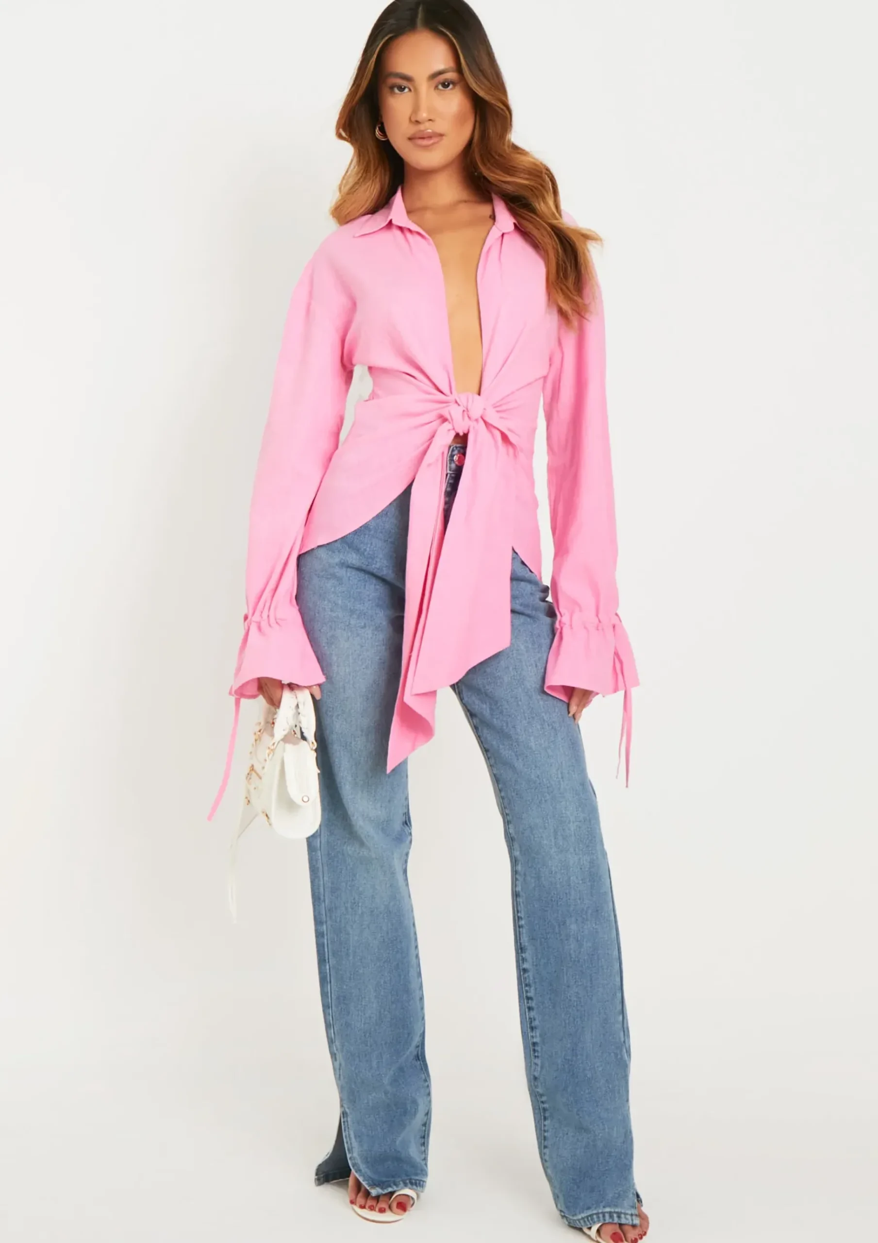 Aphrodite Pink Linen Tie Front Shirt^Missy Empire Sale