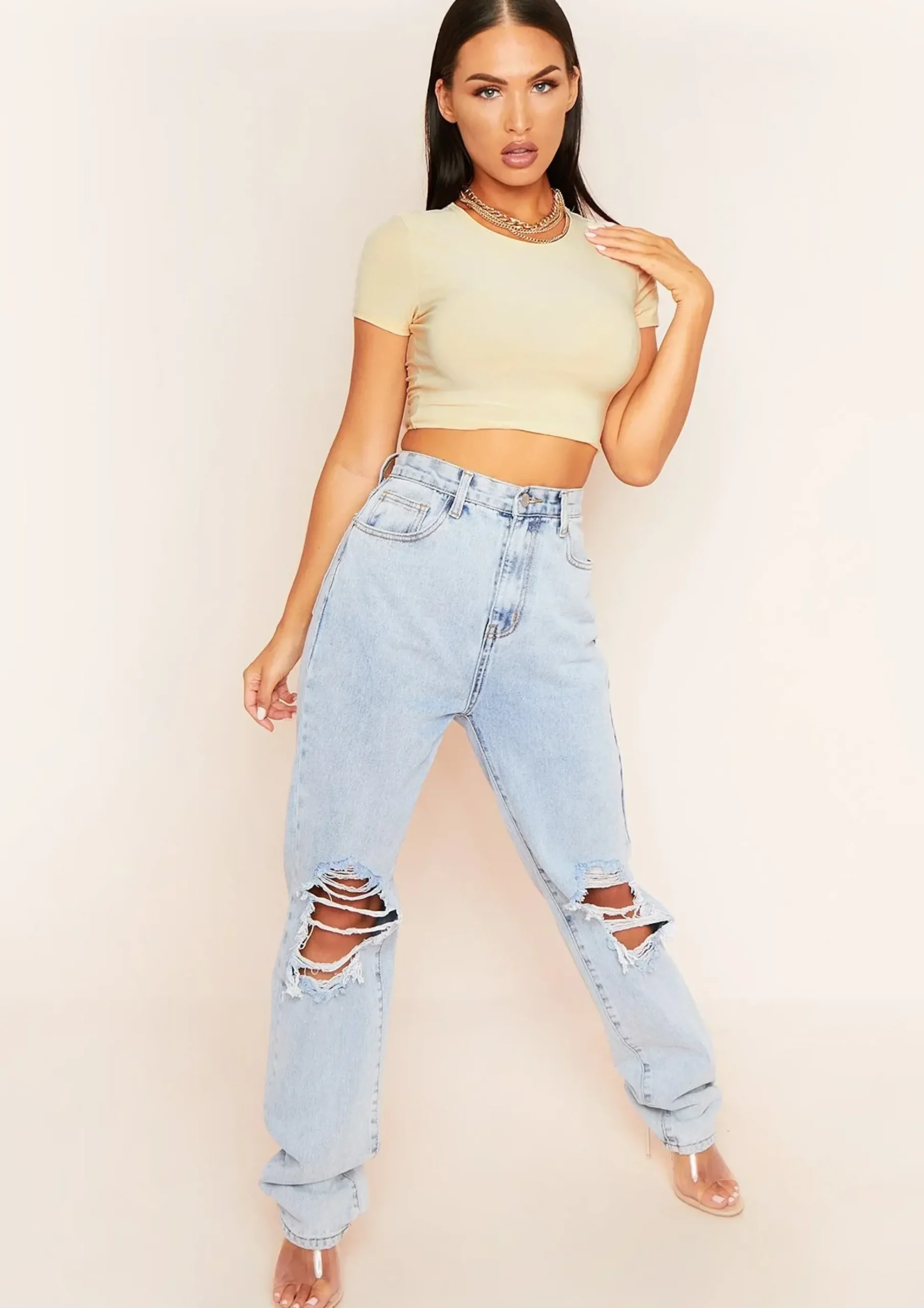Areeta Cream Cap Sleeve Smooth Cropped T-Shirt^Missy Empire Store
