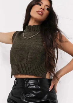Ariana Khaki Cropped Knitted Sleeveless Vest^Missy Empire Cheap