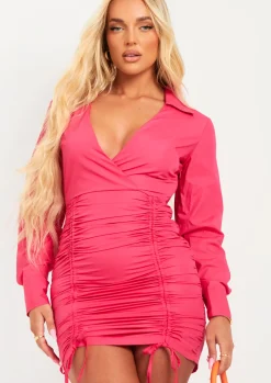 Shop Arianna Pink Cotton Poplin Ruched Mini Dress Women Dresses