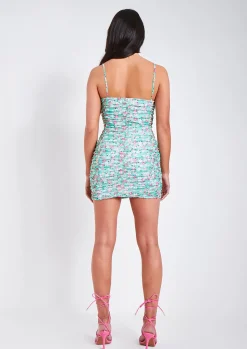 Store Arizona Green Ditsy Floral Print Ruched Mini Dress Women Dresses