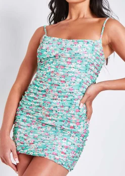 Store Arizona Green Ditsy Floral Print Ruched Mini Dress Women Dresses