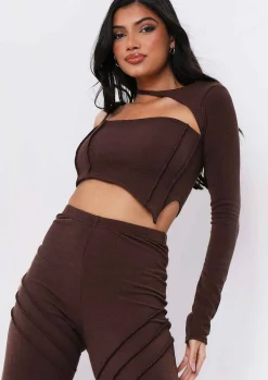 Asher Chocolate Cut Out One Ribbed Shoulder Top^Missy Empire Cheap