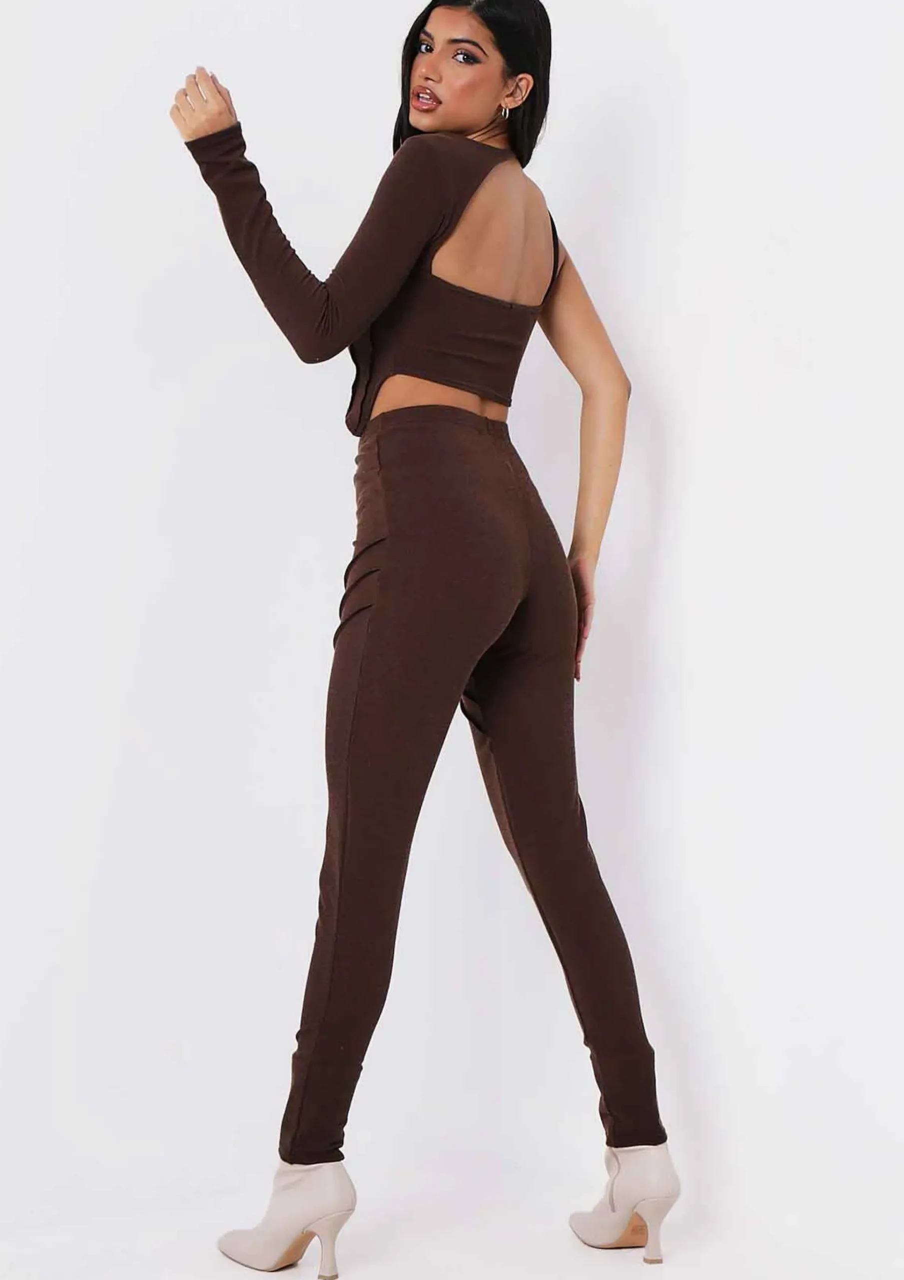 Asher Chocolate Cut Out One Ribbed Shoulder Top^Missy Empire Cheap