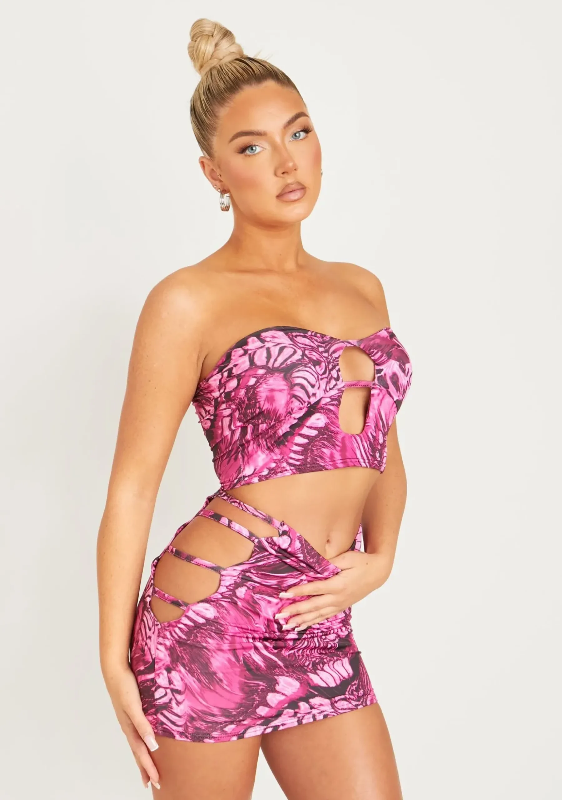 Athena Pink Printed Slinky Cut Out Bandeau Top^Missy Empire Best