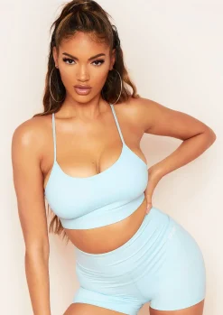 Audrey Pastel Blue Missy Sport Strappy Cross Back Gym Crop Top^Missy Empire Fashion